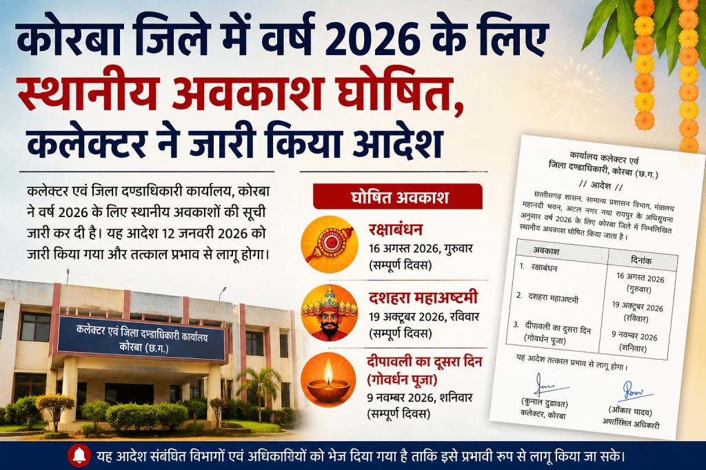 कोरबा जिले में वर्ष 2026 के लिए स्थानीय अवकाश घोषित, कलेक्टर ने जारी किया&nbsp;आदेश